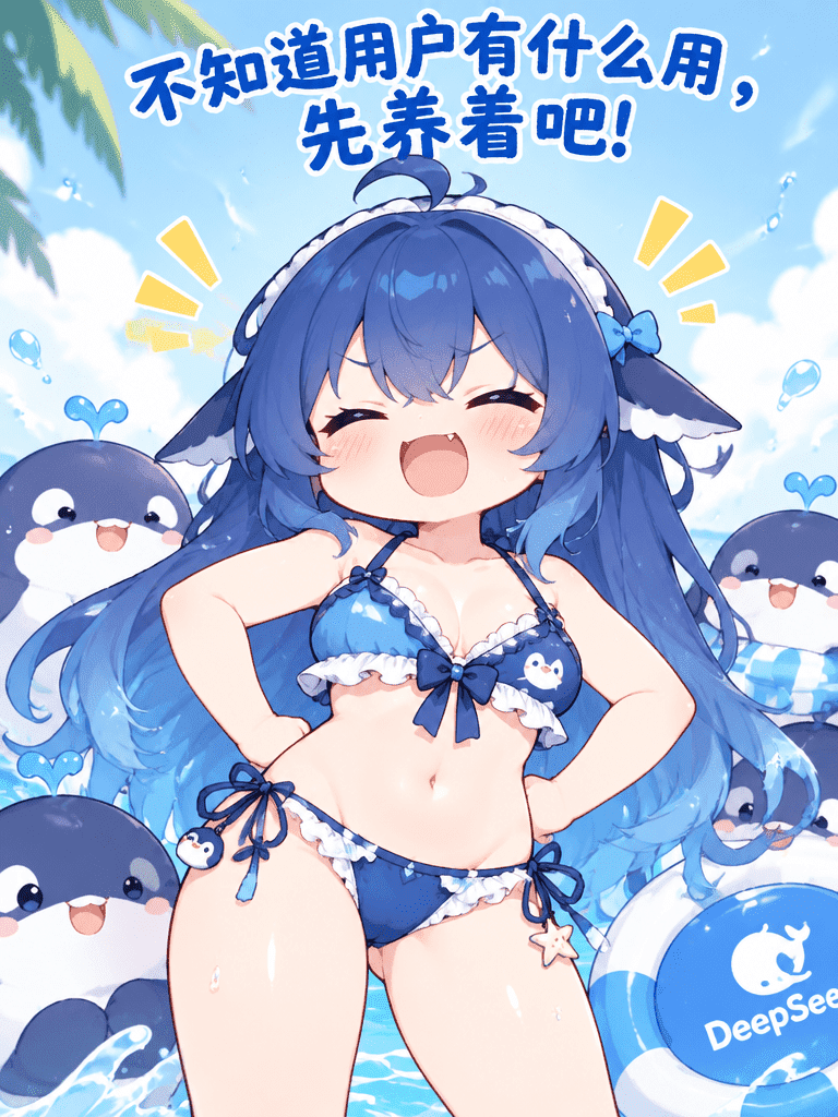 DeepSeek娘双手叉腰，大声笑，穿着夏日泳装