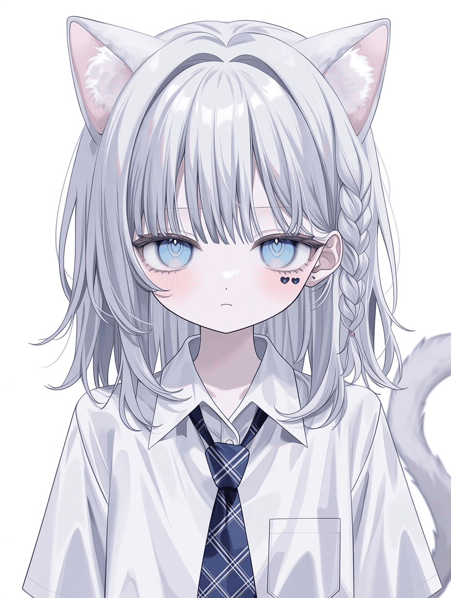 动漫风格，银发麻花辫蓝瞳猫娘少女，白色猫耳配粉色内耳毛，灰色猫尾，白衬衫配深蓝色格纹领带，左眼下方有心形小纹身，表情淡然，柔和光线，纯净白色背景，杰作，最佳品质，高度精细