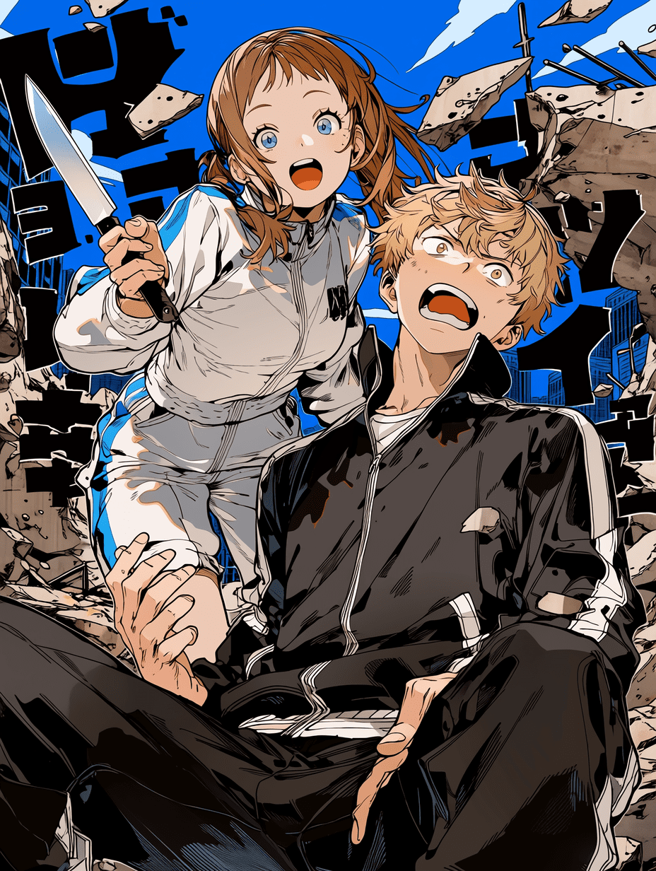 漫画封面艺术风格，天国大魔境，身穿白色机车夹克的棕发女孩手持匕首站在身穿黑色运动服的金发震惊男孩身后，背景是布满瓦砾和钢筋的废墟城市，蓝天，醒目的日文排版，杰作，最佳质量，高度细节，线条锐利
