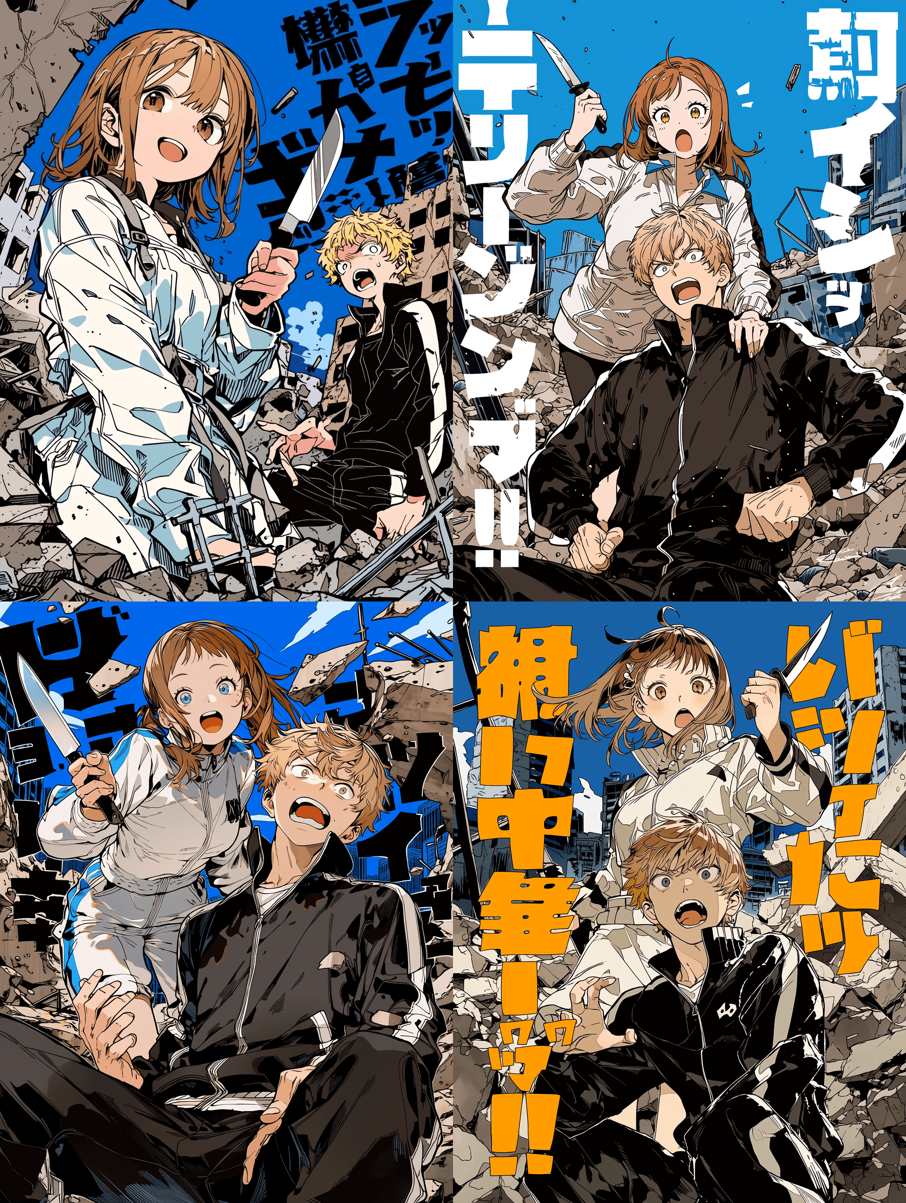 漫画封面艺术风格，天国大魔境，身穿白色机车夹克的棕发女孩手持匕首站在身穿黑色运动服的金发震惊男孩身后，背景是布满瓦砾和钢筋的废墟城市，蓝天，醒目的日文排版，杰作，最佳质量，高度细节，线条锐利