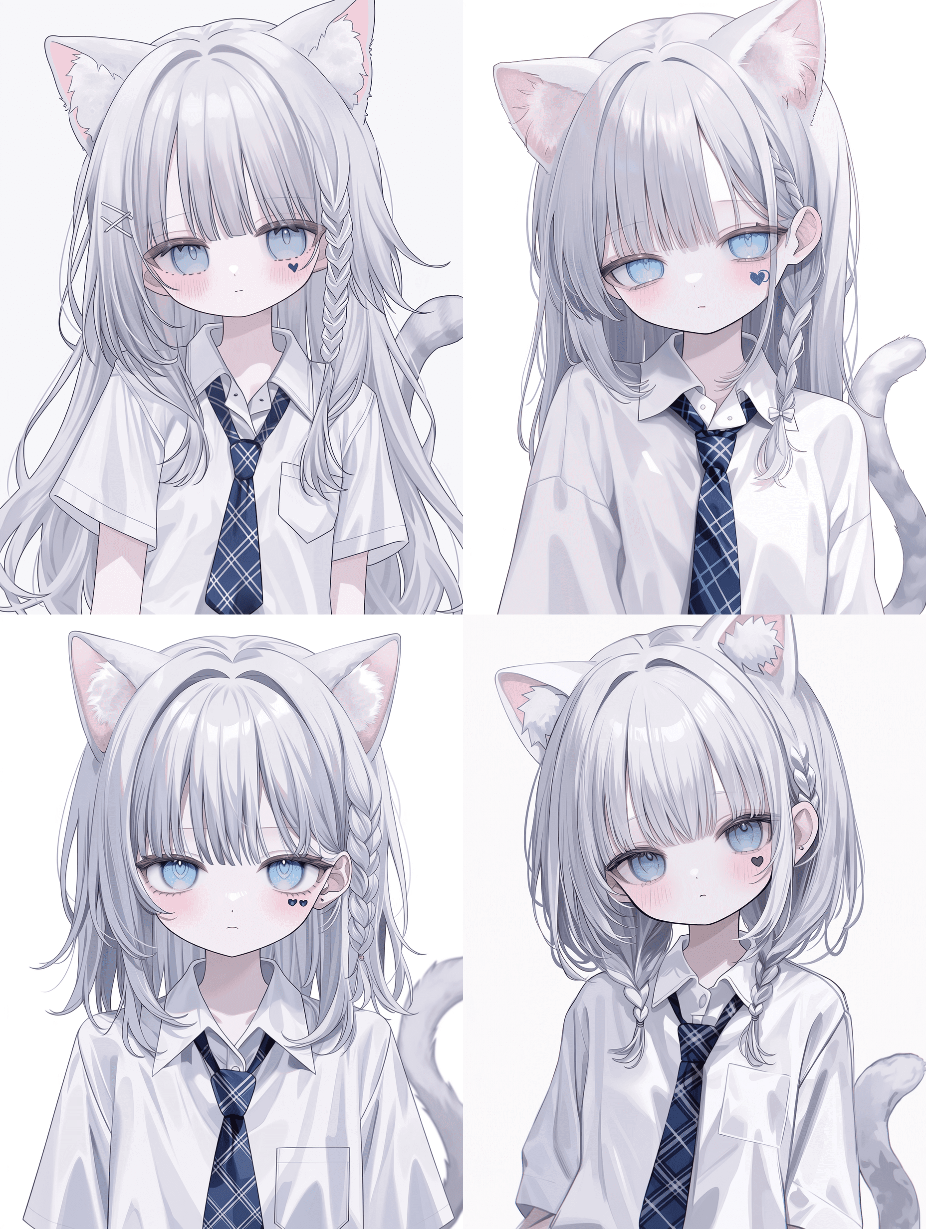 动漫风格，银发编发蓝瞳猫娘，白色猫耳内粉，灰色猫尾，白衬衫配深蓝格纹领带，左眼下方心形小纹身，中性表情，柔和光照，纯白背景，杰作，最佳品质，高度精细